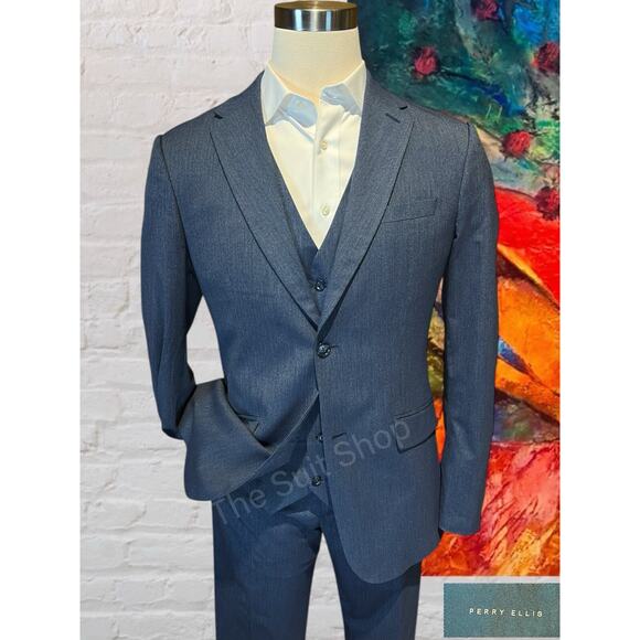 Perry Ellis Other - Perry Ellis 3 Piece Suit 44R 38x31.5 Navy Blue and White Textured Look